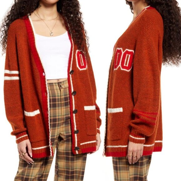 NEW Nordstrom 2022 Varsity Cardigan Rust Brown Oversized Chunky Knit Size Large - Picture 3 of 14